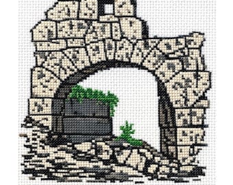 Steinbogen Kreuzstich Anleitung PDF | Moosige Mittelalterliche Ruinen Pixel Landschaft | Kreuzstichvorlage | freies Alphabet | Sofort Download