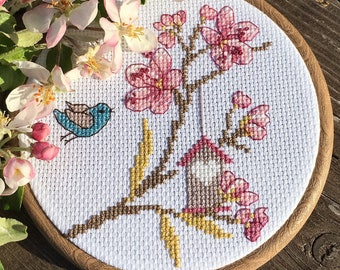 Spring Blossom. Cross Stitch Kit for beginners and experienced stitchers. 14 count Aida. DMC threads. French Knots involved.