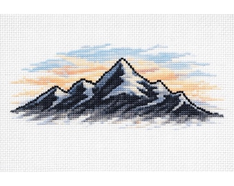 Kreuzstichmuster PDF | Landschaft Natur Gezählte Stichvorlage | Moderne Berg Sonnenuntergang Stickmuster + gratis Alphabet Set