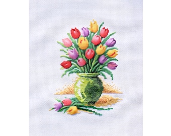 Tulpen in Vase Kreuzstichmuster PDF, Frühlingsblumenstrauß Kreuzstichvorlage, moderne Blumen, sofortiger digitaler Download