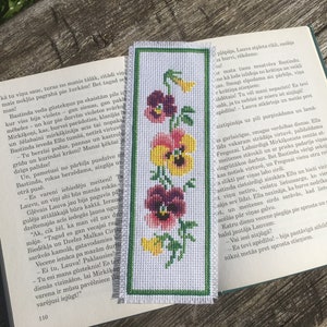 Handmade "Pansies" Bookmark. Cross stitched on Aida 14. DMC. This is ready to use product. NOT a cross stitch kit.