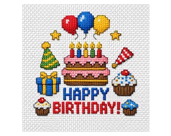 Alles Gute zum Geburtstag Kreuzstich Muster PDF, moderner gezählter Kreuzstich, Geburtstagskuchen Luftballons Stickvorlage, sofortiger digitaler Download