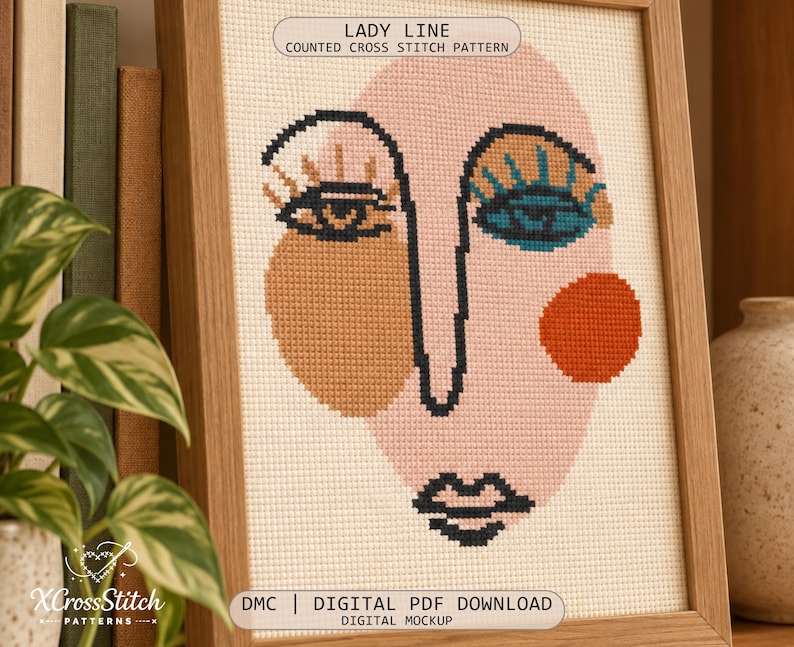 Pink Abstract Cross Abstract Face Cross Stitch Pattern PDF, Modern Line Art Lady, Beginner ...