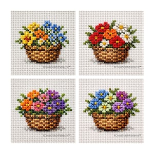 Op de afbeelding: Vier kruissteekpatronen van bloemenmanden. Elke mand is gevuld met kleurrijke bloemen in tinten geel, oranje, rood, blauw, paars en wit. De manden zijn bruin en de achtergrond is wit.