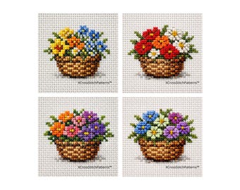 Kreuzstichmuster Blumenkorb Set von 4 | Frühling Blumenstrauß PDF | Kreuzstichvorlage | Sofort Download. freies Alphabet.