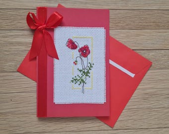 Kreuzgestickte Mohn Karte. Aida 14. DMC. Das ist bereit, Karte zu verwenden. KEINE Kreuzstichpackung.