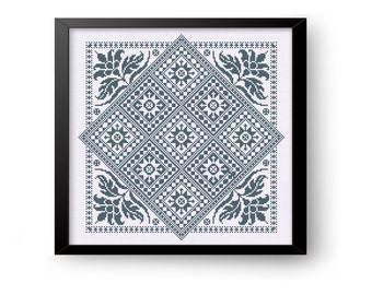 May include: A framed cross-stitch pattern with a geometric design in shades of gray. The pattern features a central diamond shape with smaller squares and circles within it. The corners of the design are accented with stylized floral motifs.