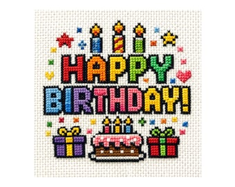 Geburtstags Kreuzstich Muster PDF, Instant Download Happy Birthday Design, DIY Stickdatei.