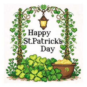 May include: A cross-stitch design for St. Patrick's Day. The image features a green arch with vines and heart-shaped leaves, a hanging lantern, and a pot of gold. The words "Happy St. Patrick's Day" are in the center.