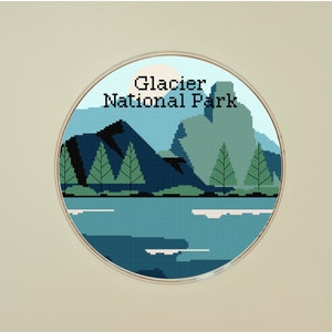 Kreuzstichvorlage für den Gletscher Nationalpark. Berg- und Landschaftsmuster. Sofortiger Download. Stickdatei PDF. Einfach.