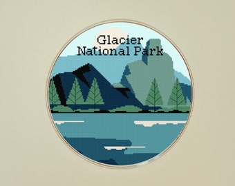Schema punto croce del Glacier National Park. Modello di montagna e paesaggio. Download istantaneo. PDF del disegno del ricamo. Facile.