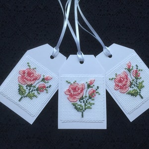 3 Finished Handmade Gift Tags. Cross Stitched Flowers.