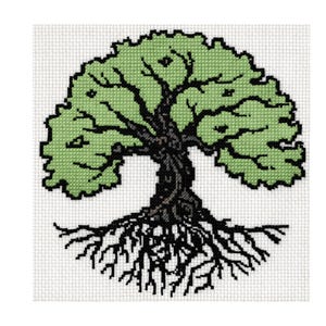 May include: Cross-stitch design of a tree with a green canopy, a dark brown trunk, and black roots. The tree is centered on a white background, creating a symmetrical and balanced composition. The design is detailed and intricate.
