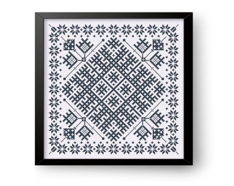May include: Black and white framed artwork featuring a geometric pattern with a diamond shape in the center. The pattern is made up of small squares and crosses.