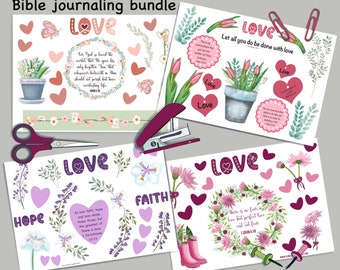 1 Corinthians 13/ Bundle of 4 Bible journaling pages/ John 3:16/ 1 John 4 18 /God’s love /scrapbooks/stickers/craft projects/Bible lessons