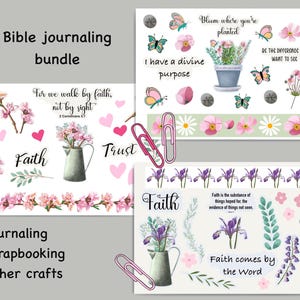 Könnte beinhalten: Bibel-Journaling-Bundle mit floralen und Schmetterlingsdesigns. Enthält Aufkleber mit inspirierenden Zitaten, Blumen und Schmetterlingen. Ideal für Journaling, Scrapbooking und andere Bastelarbeiten. Mit den Wörtern "Glaube" und "Vertrauen".