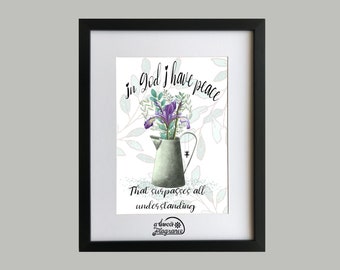 God's peace art print/In God I have peace that surpasses all understanding/A3 size/Purple Iris art/ Inspirational art/Flower art print