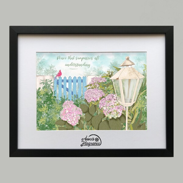 Philippians 4:7 / Peace that surpassed all understanding / Pink Hydrangea garden with a blue gate with words/ Bible verse art decor