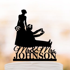 Gamer wedding cake topper bride dragging groom on game Cake Topper for Wedding , gamer cake topper, mr and mrs with custom name cake topper