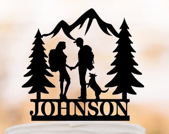 personalized Hiking Couple wedding cake topper with dog Backpacking Bride and Groom outdoor wedding Mountain Wedding Cake Topper with trees