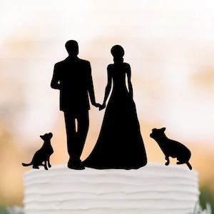 Wedding Cake topper with 2 small dogs Bride and groom silhouette, cake topper for wedding, Couple silhouette funny family