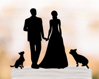 Wedding Cake topper with 2 small dogs Bride and groom silhouette, cake topper for wedding, Couple silhouette funny family