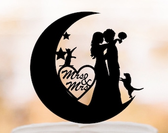 lesbian wedding cake topper Moon and star topper with cat and dog Bride and groom silhouette , mrs and mrs , unique cake topper,