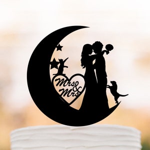 lesbian wedding cake topper Moon and star topper with cat and dog Bride and groom silhouette , mrs and mrs , unique cake topper,