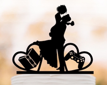 wedding cake topper book and Game controller cake topper funny video game cake topper heart cake decor bride and groom silhouette decor