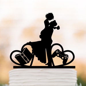 wedding cake topper book and Game controller cake topper funny video game cake topper heart cake decor bride and groom silhouette decor