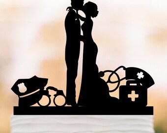 Police Officer and Nurse Wedding Cake Topper Silhouette, First Responder Bride and Groom Cake Decoration unique cake topper