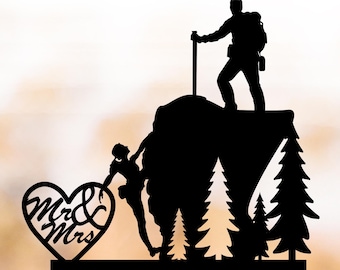 Hiking Wedding cake Topper silhouette Mountain , Backpacking Hikers couple Cake decor, Outdoorsy Cake Topper Camper theme party decor