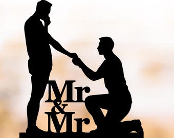 Mr & Mr Kneeling Proposal Cake Topper, Gay Love Story Cake Decor, Same Sex Engagement Silhouette Topper LGBTQ Cake Decor