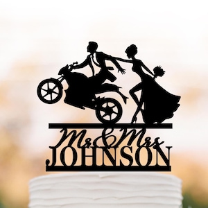 Unique Motorcycle Wedding Cake Topper | Funny Biker Couple Cake Decor | Personalized Bride and Groom Cake Topper, Mr and Mrs with name
