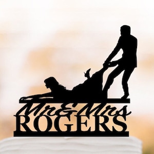 Funny wedding cake topper figurine, unique cake topper, groom dragging bride silhouette couple wedding cake topper with