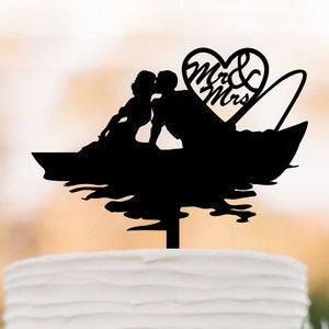Topo de bolo de casamento Barco de pesca, Topo de bolo de pescador, Decoração de bolo de casamento de casal se beijando, Topo de bolo de sr. e sra., Topo de bolo de pesca