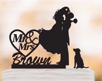 Mr And Mrs Wedding Cake topper with dog, groom kissing bride with personalized name cake topper. unique wedding cake topper, topper wit pet