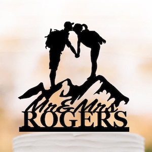 Personalized mr and mrs hiking wedding cake topper Couple mountain, outdoor Cake Topper Backpacking Bride and Groom kissing,