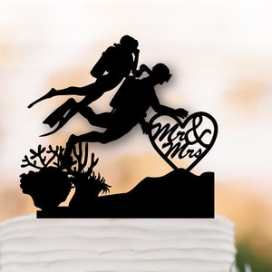 Scuba Divers wedding cake topper Mr and Mrs undersea Cake Topper,Scuba diving cake topper hear cake decor
