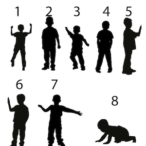 May include: Black and white silhouette images of children in various poses, numbered 1 through 12.