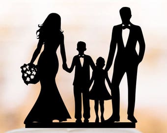 family Wedding Cake topper with son and doughter, bride and groom with boy and girl silhouette cake topper