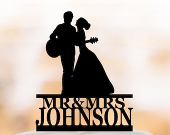 Guitar player Wedding Cake topper. personalized Cake Topper bride and groom silhouette, music lovers wedding cake topper, guitar lovers