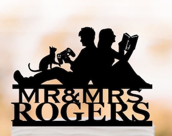 Custom Gamer Wedding Cake Topper, Reading book Bride, Video Game Groom With cat silhouette