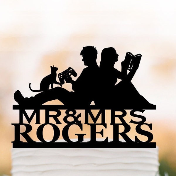 mr and mrs Custom Gaming Video Game Controller Wedding Cake Topper, Reading book Bride gamer Groom  Wedding Gamer cake topper,