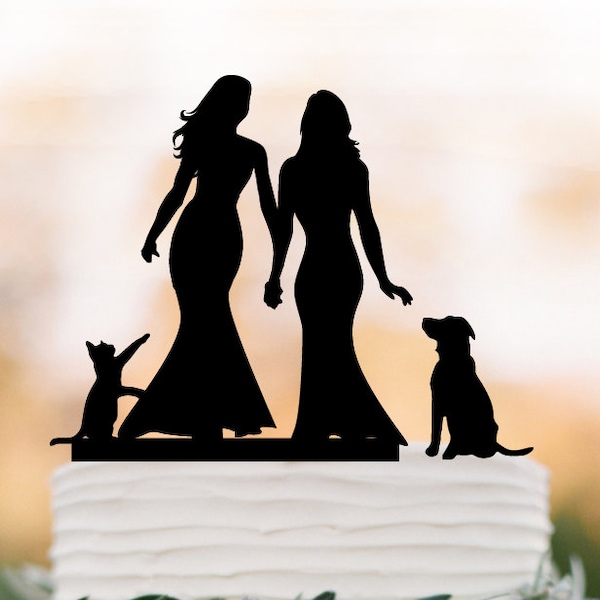 Lesbian Wedding Cake topper with dog. same sex wedding cake topper with cat, couple silhouette, funny wedding cake topper, mrs and mrs