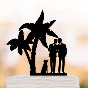 Gay Wedding Cake topper with dog. Gay silhouette wedding cake topper same sex mr and mr, funny wedding cake topper tree, unique cake topper
