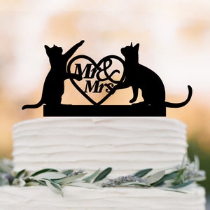 two cats wedding cake topper mr and mrs, cat silhouette cake topper with heart, acrylic cake topper