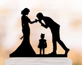 family Wedding Cake Topper With little girl, bride and groom child Cake Topper for Wedding , silhouette cake toppers with heart cake decor