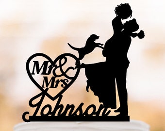 Personalized Wedding Cake topper with dog, groom lifting bride with mr and mrs in heart funny cake topper, acrylic cake topper