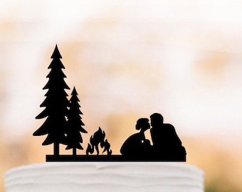 Outdoor camping Wedding Cake topper with tree couple silhouette people cake topper bride and groom fire cake topper tree cake topper